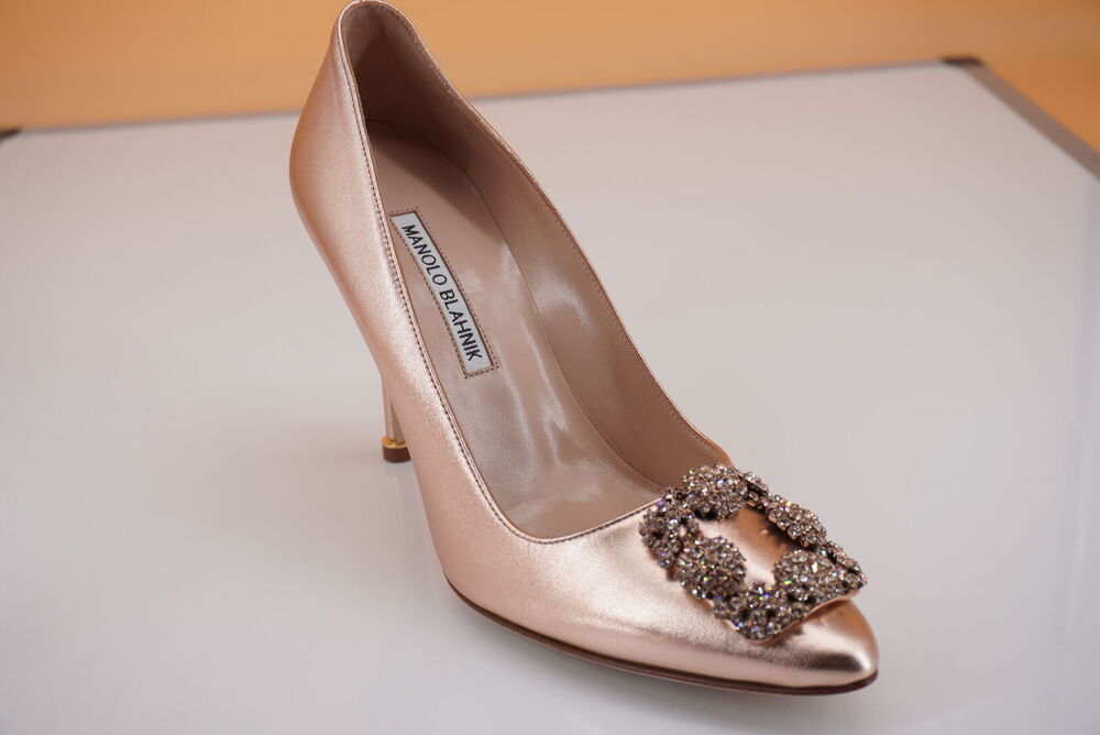 Manolo Blahnik Hangisi Jeweled 90mm Pumps Sz 37.5 Copper Leather $1245 New